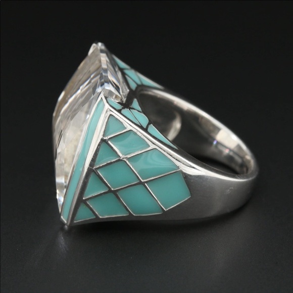Sterling silver rock quartz crystal enamel ring. 7 - Picture 4 of 7